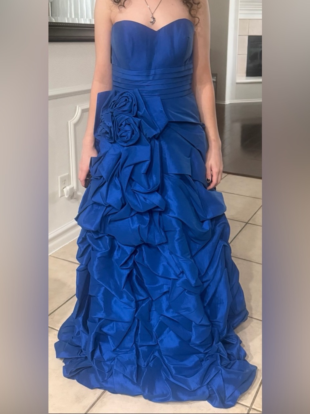 Jovani Royal Blue Strapless Rosette Ruffled Ball Gown